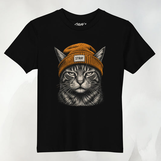 Ember Kids Tee in Schwarz mit Beanie-Cat-Print in Amber auf der Vorderseite