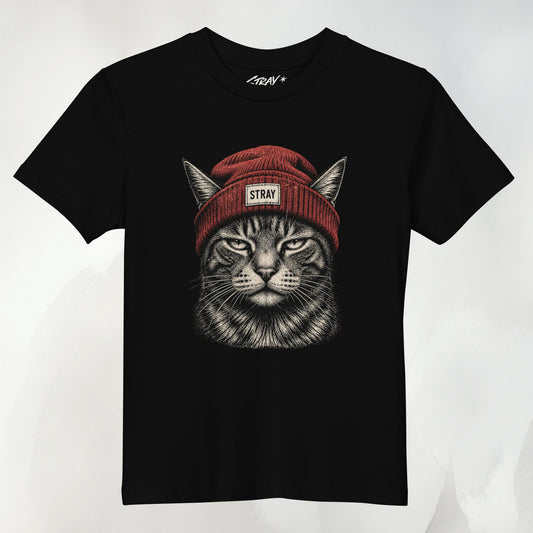 Rogue Kids Tee in Schwarz mit Beanie-Cat-Print in Rot auf der Vorderseite