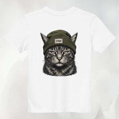 Shade Kids Tee in Weiß mit Beanie-Cat-Print in Oliv auf dem Rücken