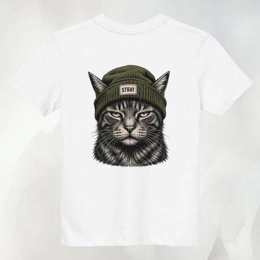Shade Kids Tee in Weiß mit Beanie-Cat-Print in Oliv auf dem Rücken