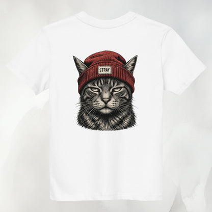 Rogue Kids Tee in Weiß mit Beanie-Cat-Print in Rot auf dem Rücken