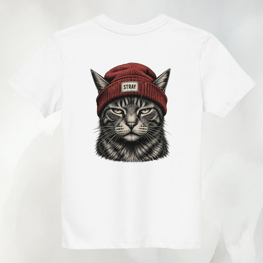 Rogue Kids Tee in Weiß mit Beanie-Cat-Print in Rot auf dem Rücken
