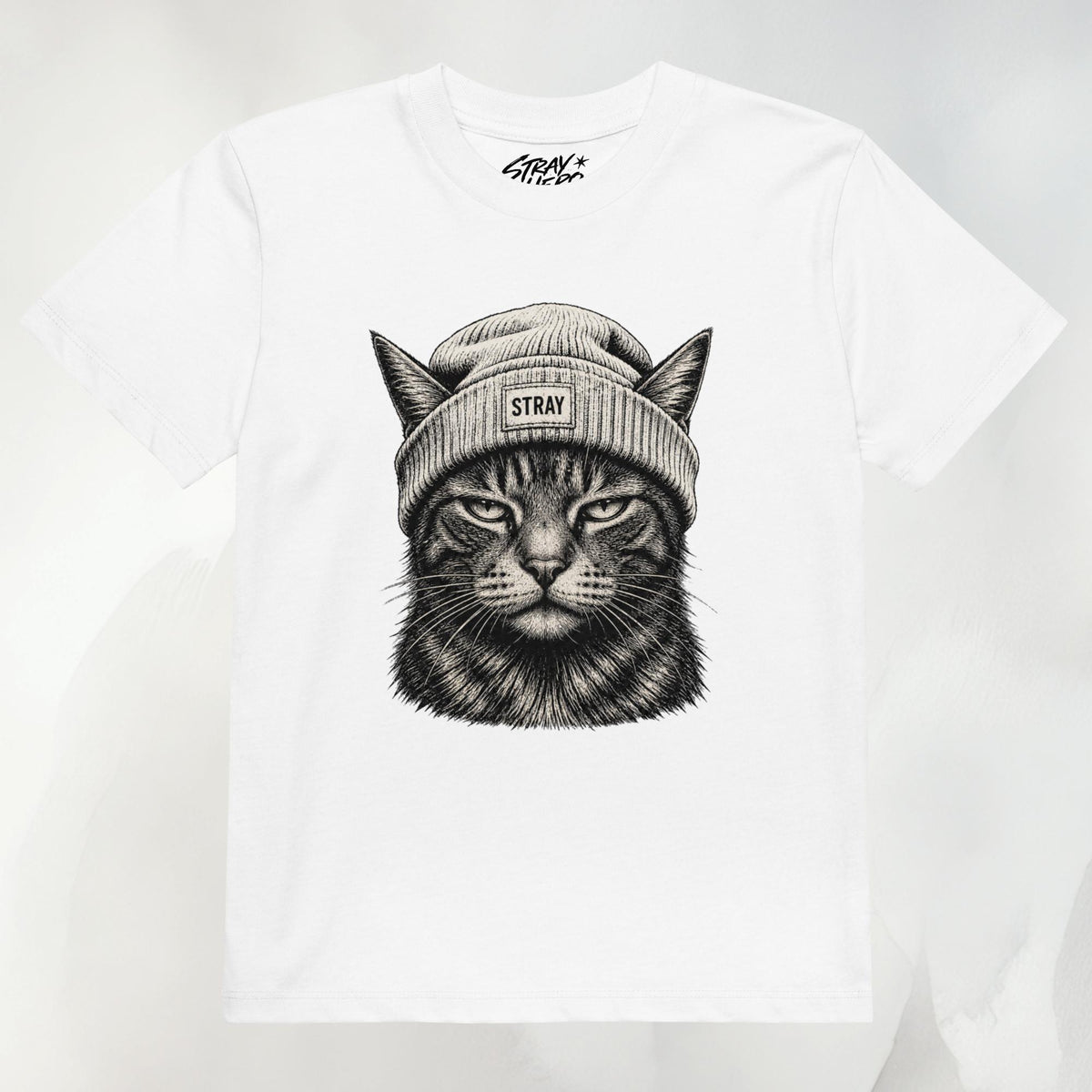 Ghost Kids Tee in Weiß mit Beanie-Cat-Print in Creme auf der Vorderseite