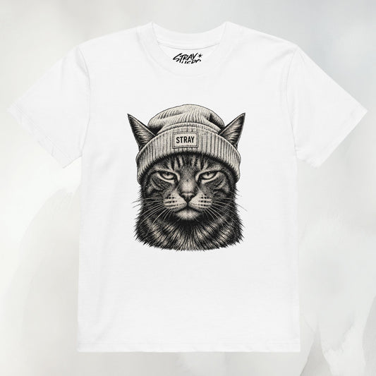 Ghost Kids Tee in Weiß mit Beanie-Cat-Print in Creme auf der Vorderseite
