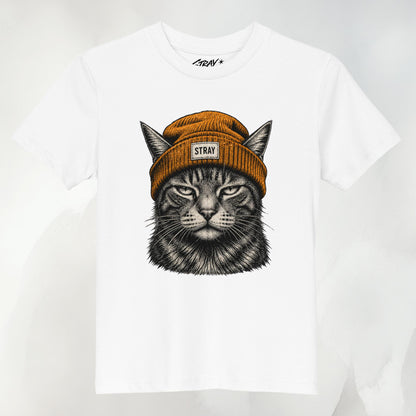 Ember Kids Tee in Weiß mit Beanie-Cat-Print in Amber auf der Vorderseite
