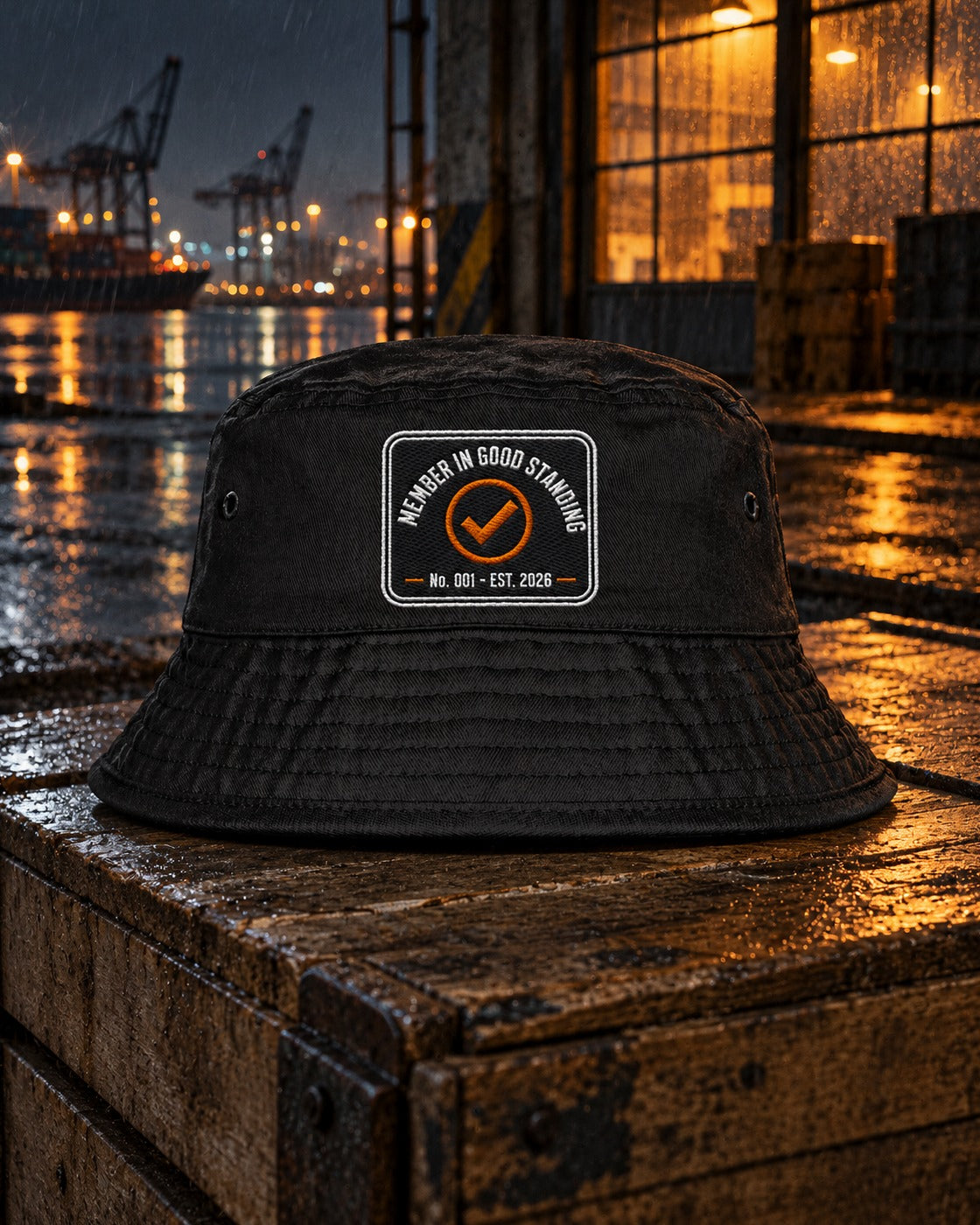 Loners Union Bucket Hat, front patch, black, on a wooden crate in front of a lit warehouse window at the harbour at night — AI-generated visual