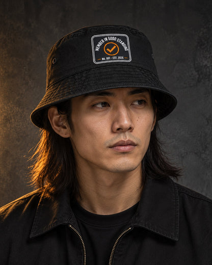 Loners Union Bucket Hat, worn, front patch, black — AI-generated visual