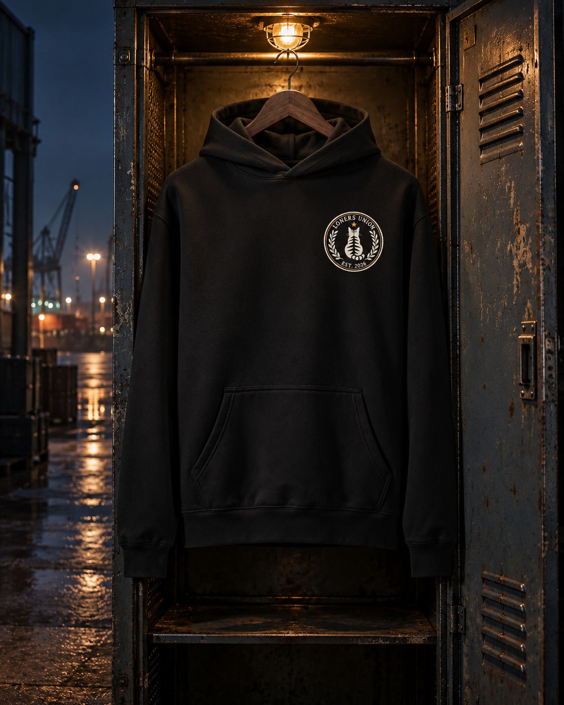 Loners Union Hoodie Full Seal, front print, black, hanging in an open steel locker at the quay with cranes behind at dusk — AI-generated visual