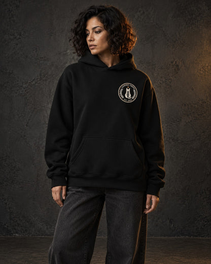 Loners Union Hoodie Full Seal, worn, front print, black — AI-generated visual