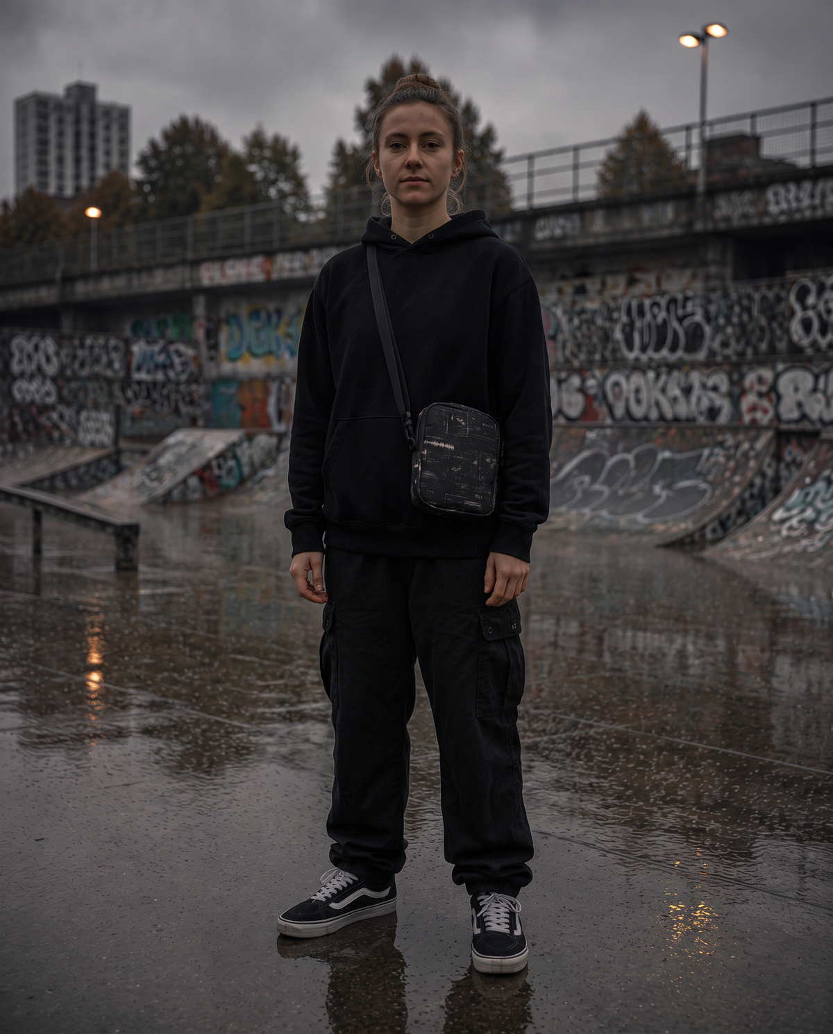 Departure Board Crossbody Bag quer getragen, Skatepark
