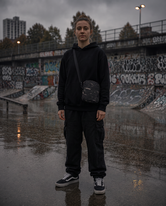 Departure Board Crossbody Bag quer getragen, Skatepark