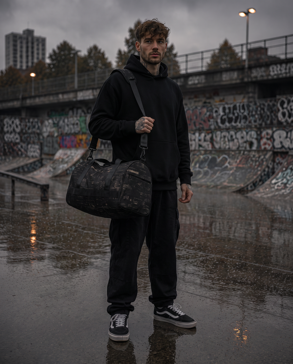 Departure Board Duffle Bag am Schultergurt getragen, Skatepark