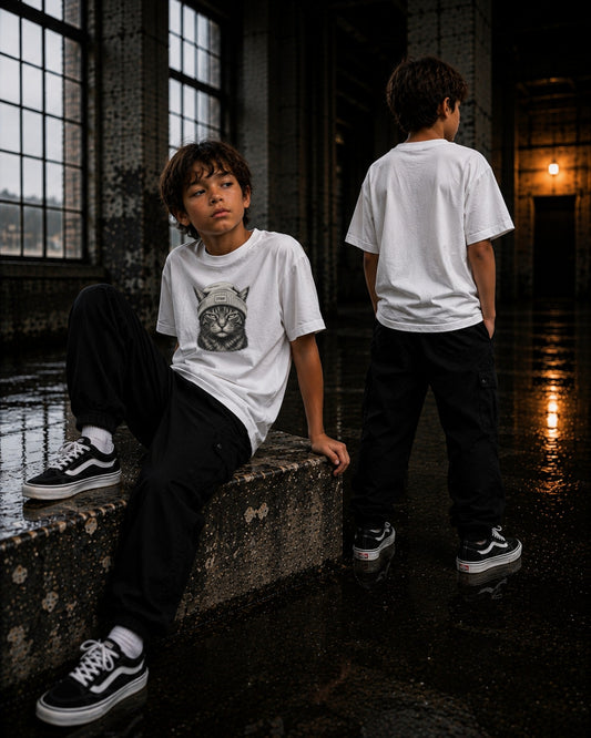 Kinder im Ghost Kids Tee in Weiß, Skatepark bei Nacht