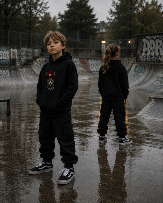 Kinder im Rogue Kids Hoodie, Skatepark bei Nacht