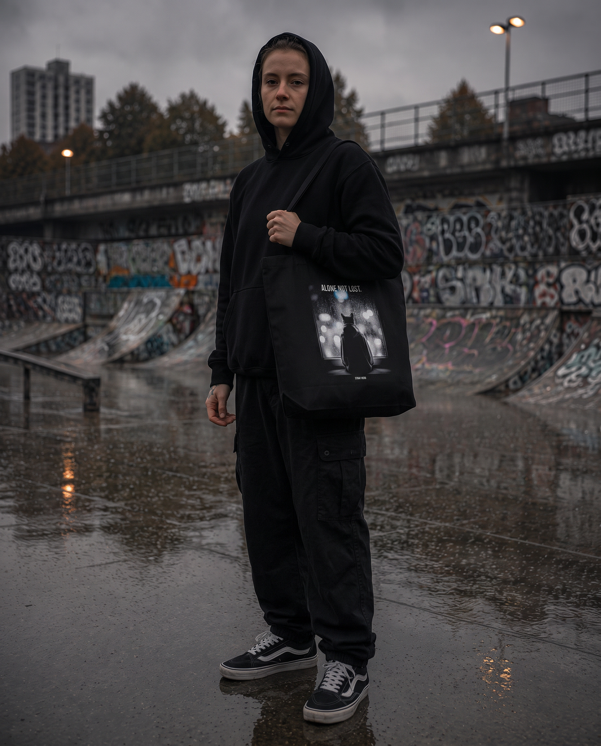 Alone Not Lost Organic Tote über der Schulter getragen, Skatepark