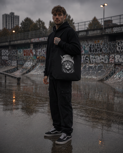Beanie Cat Organic Tote in Ghost über der Schulter getragen, Skatepark