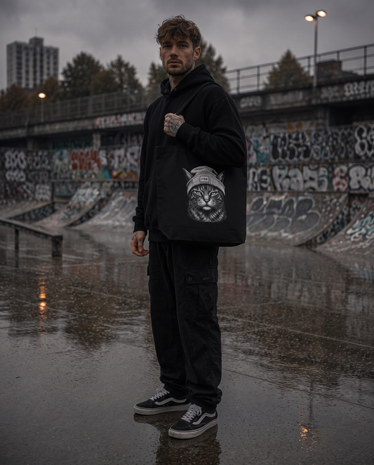 Beanie Cat Organic Tote in Ghost über der Schulter getragen, Skatepark