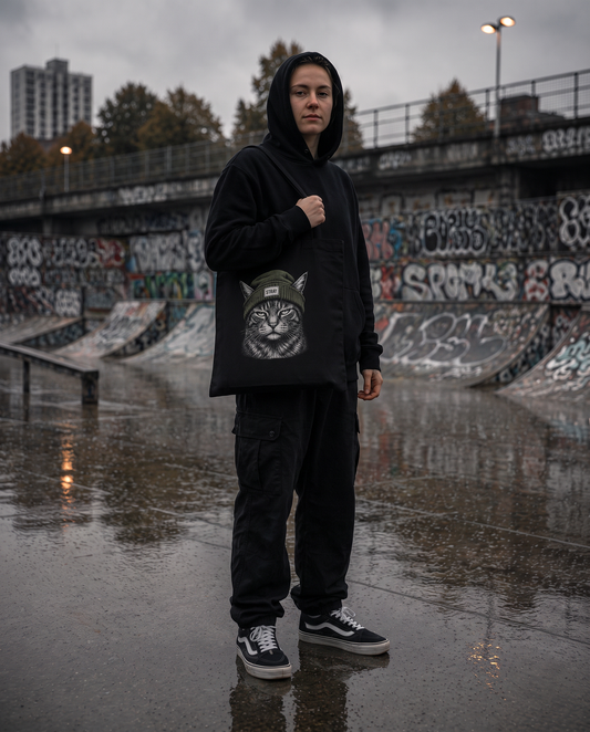 Beanie Cat Organic Tote in Shade über der Schulter getragen, Skatepark