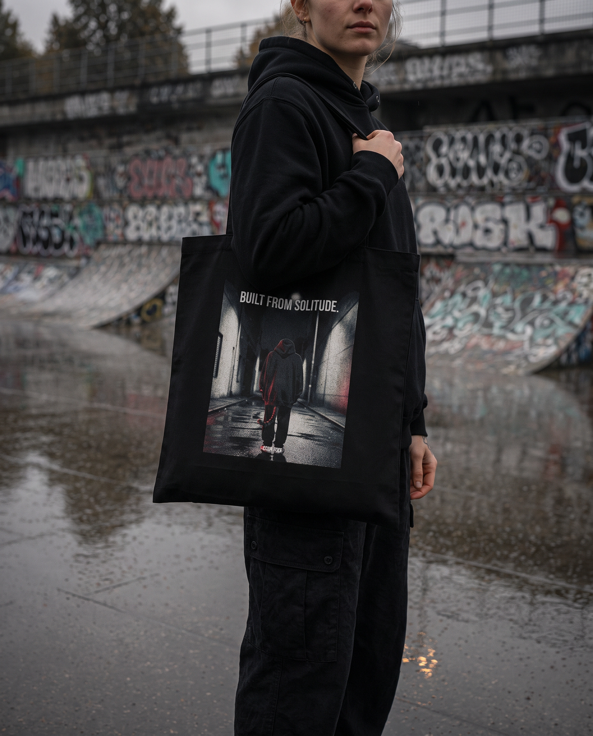 Built From Solitude Organic Tote über der Schulter getragen, Skatepark