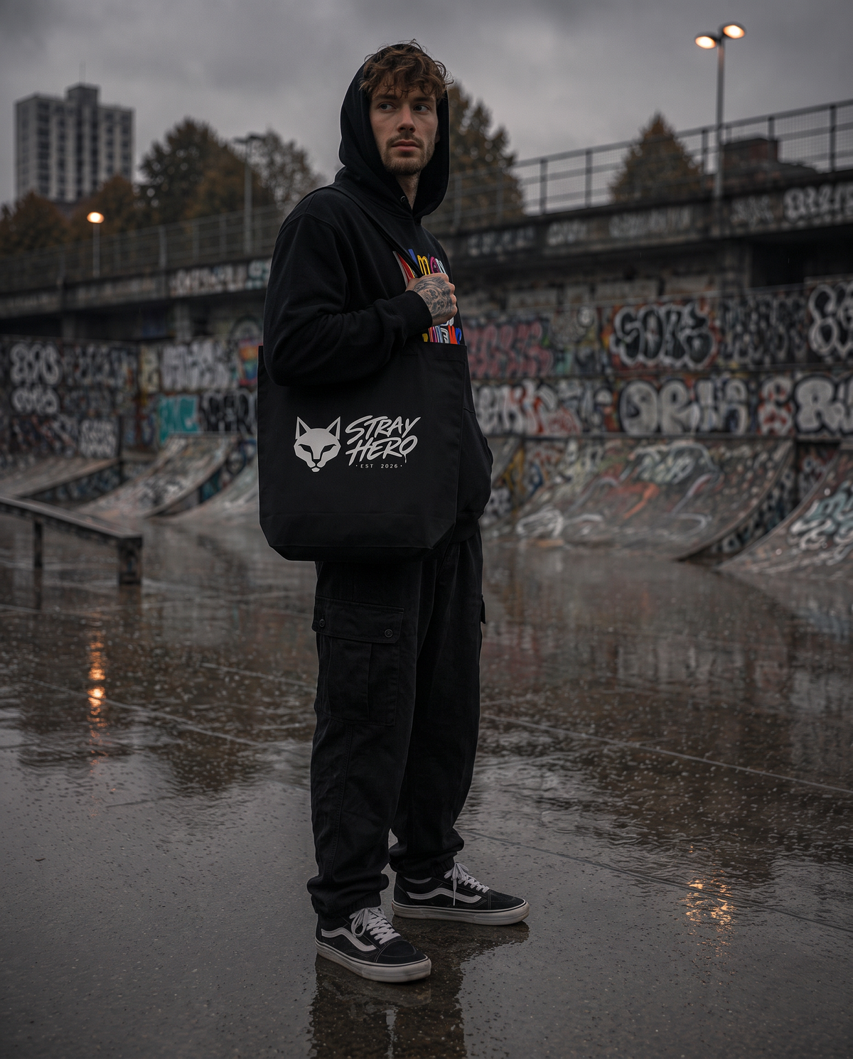 Stray Logo Organic Tote über der Schulter getragen, Skatepark