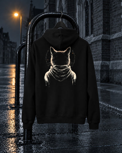 Nightwatch Hoodie, back print, black, hanging on a bike rack outside a city church at night — AI-generated visual