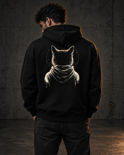 Nightwatch Hoodie, worn, back print, black — AI-generated visual