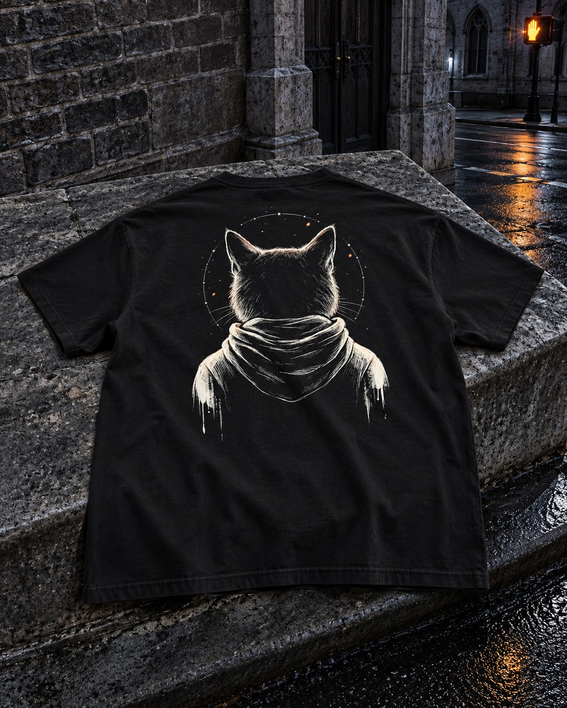 Nightwatch Tee, back print, black, laid on wet church steps at night — AI-generated visual