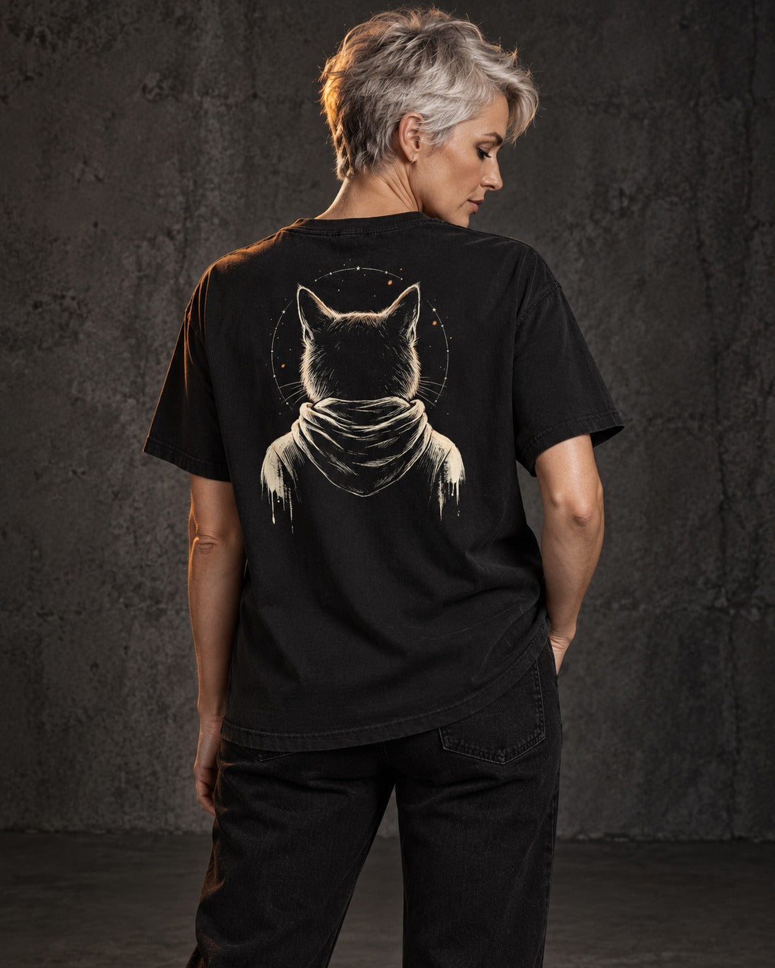 Nightwatch Tee, worn, back print, black — AI-generated visual