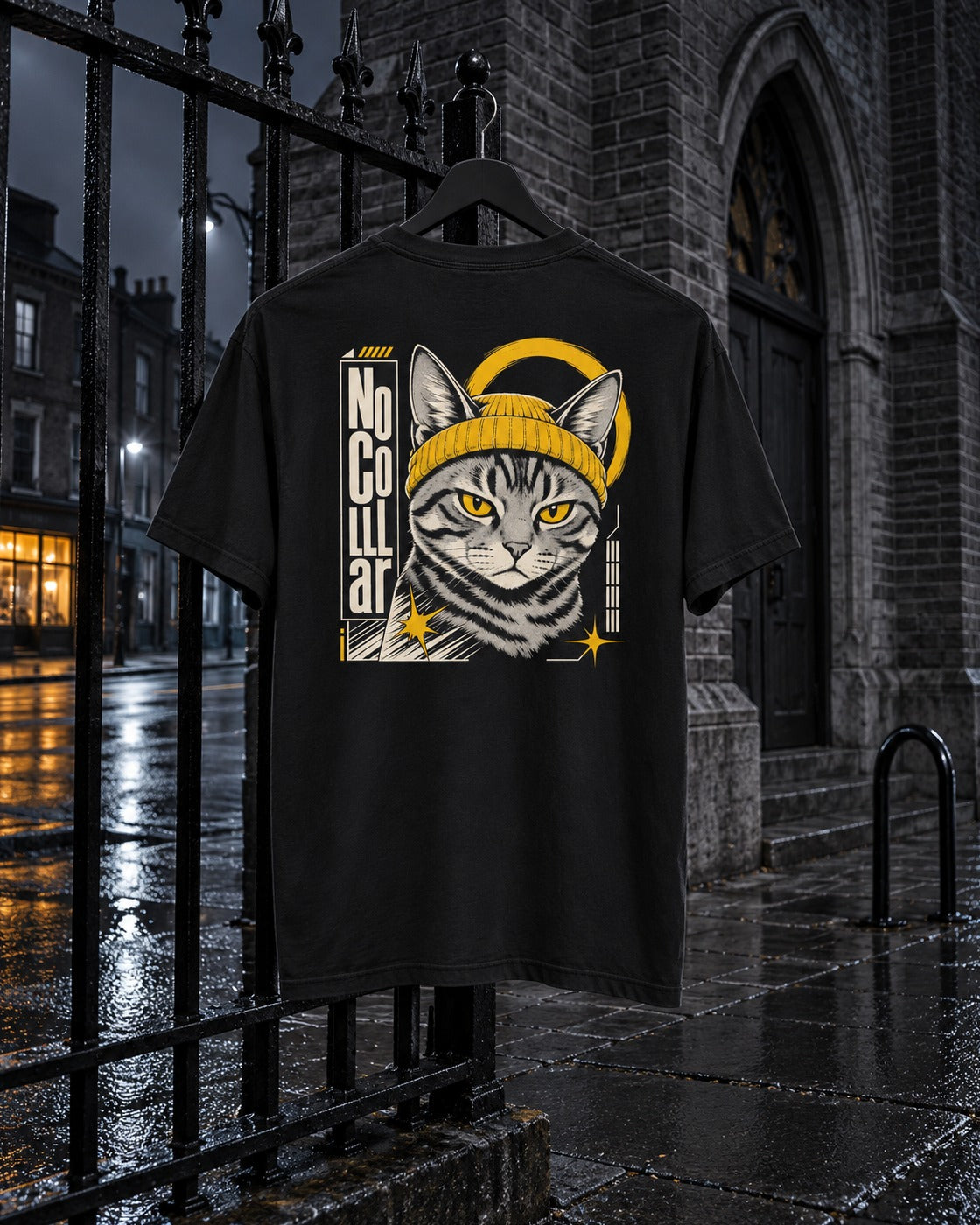 No Collar Tee, back print, black, hanging on a church railing on a city street at night — AI-generated visual