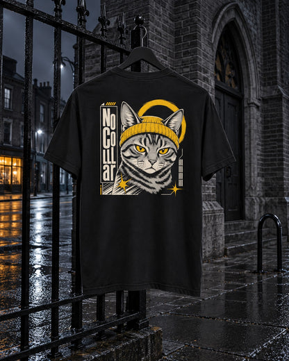 No Collar Tee, back print, black, hanging on a church railing on a city street at night — AI-generated visual
