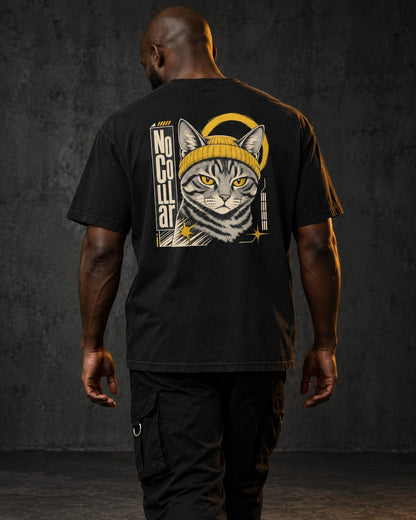 No Collar Tee, worn, back print, black — AI-generated visual