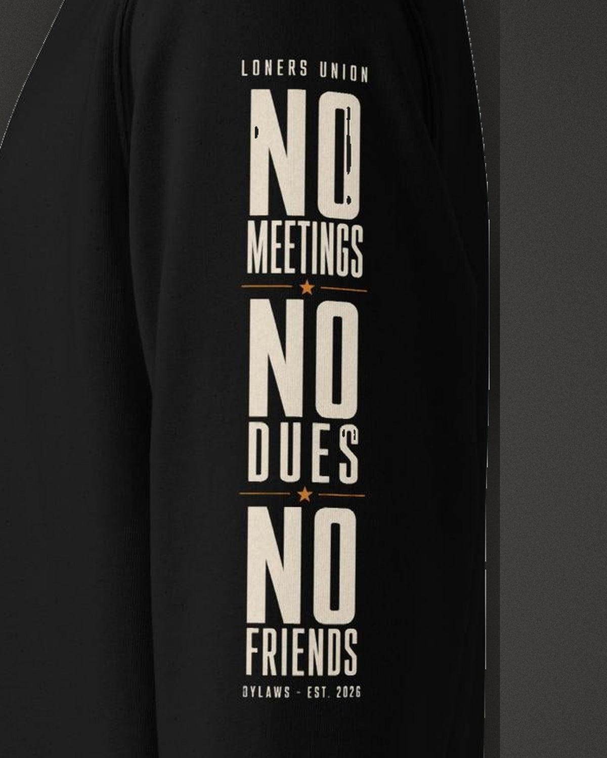 No Meetings No Dues No Friends Sweatshirt, print detail