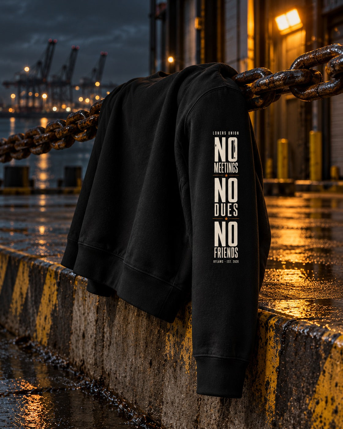 No Meetings No Dues No Friends Sweatshirt, sleeve print, black, draped over an anchor chain on a quay edge at night — AI-generated visual