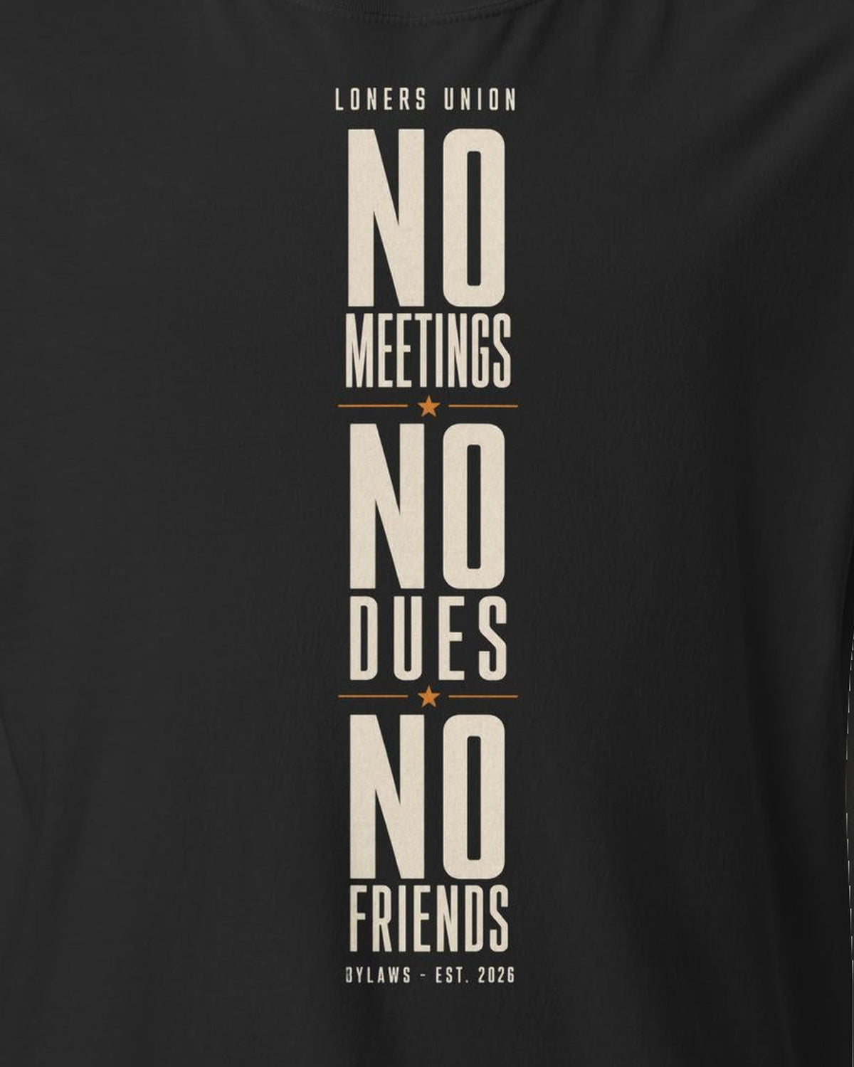 No Meetings No Dues No Friends Tee, print detail