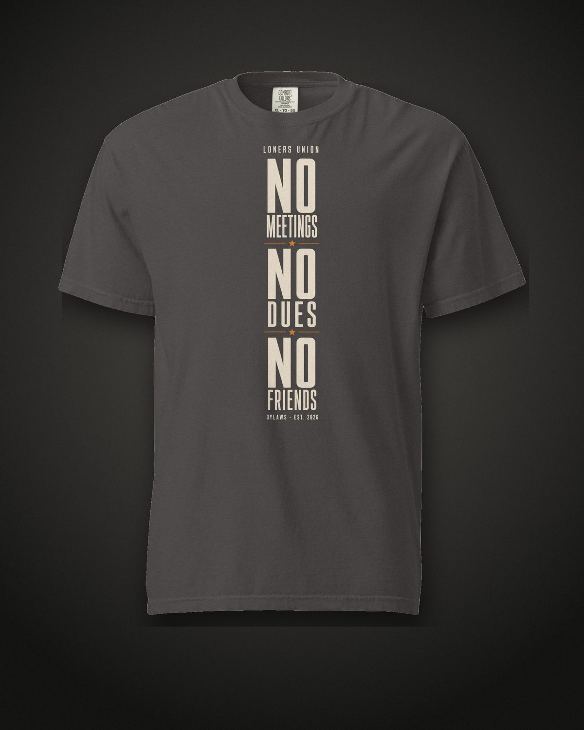 No Meetings No Dues No Friends Tee, graphite