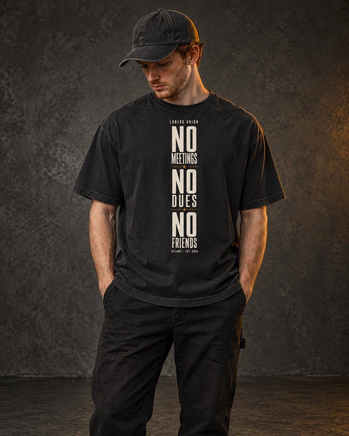 No Meetings No Dues No Friends Tee, worn, front print, black — AI-generated visual