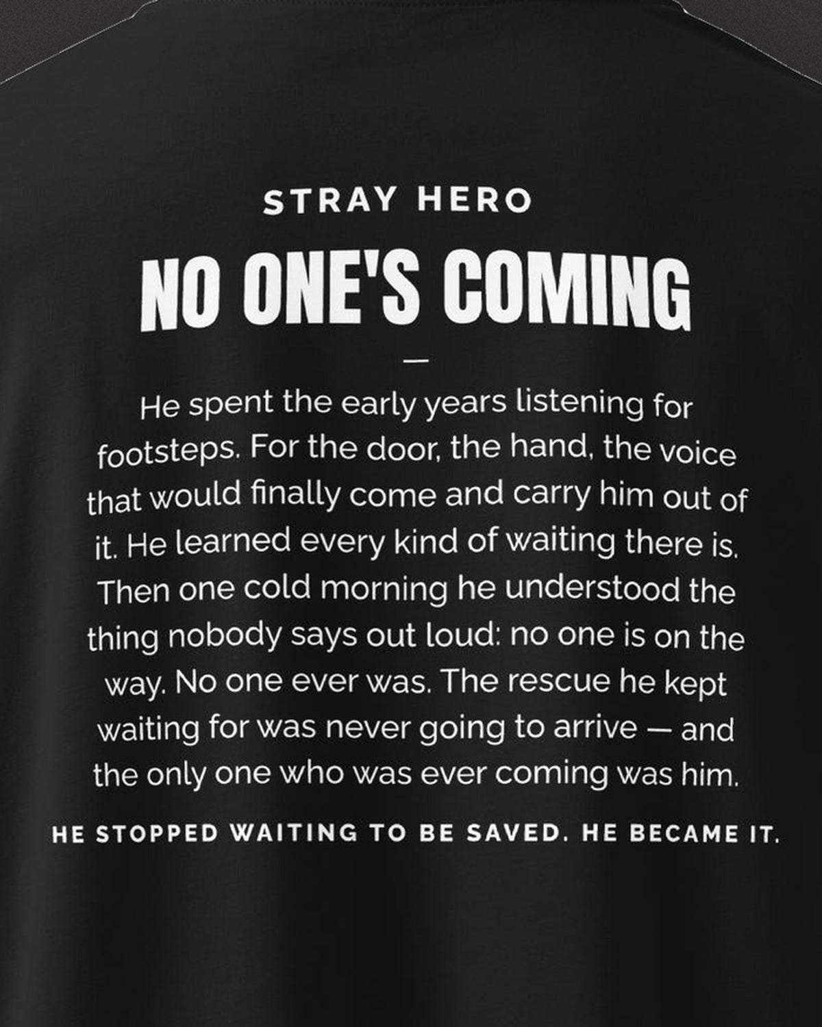 No One's Coming Story Tee Black, print detail