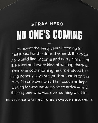 No One's Coming Story Tee Black, print detail