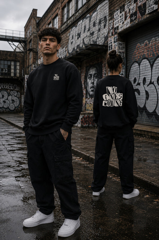 No One's Coming — Sweatshirt · Paste-Up — Lifestyle — AI-generated visual