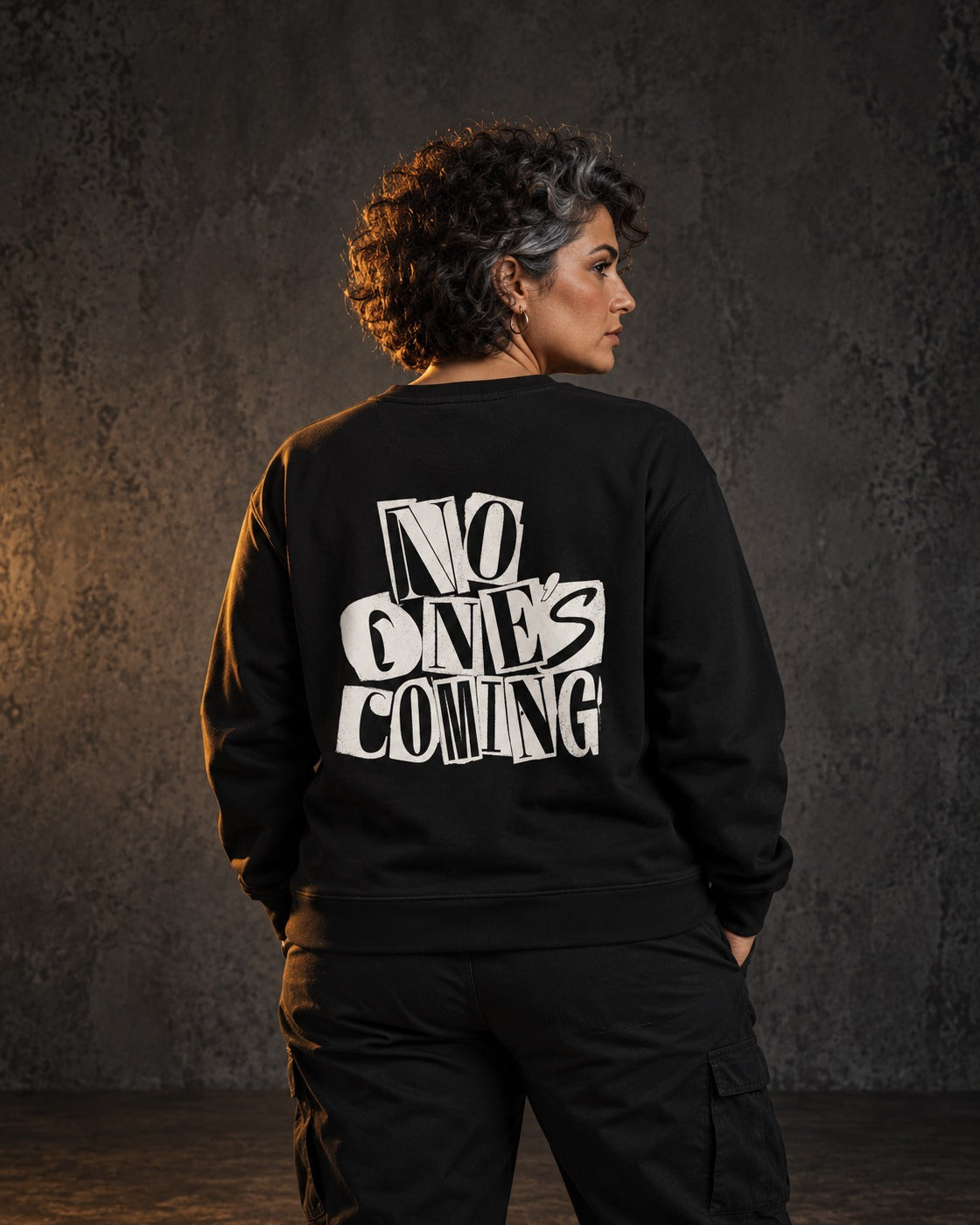 No One's Coming Sweatshirt Paste-Up, worn, back print, black — AI-generated visual