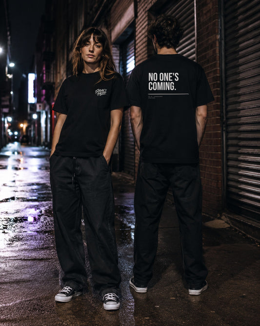 No One's Coming — Tee · Typography — Lifestyle — AI-generated visual