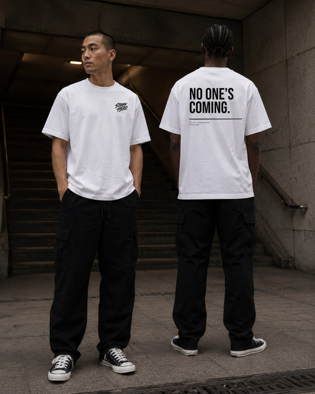No One's Coming — Tee · White — Lifestyle — AI-generated visual