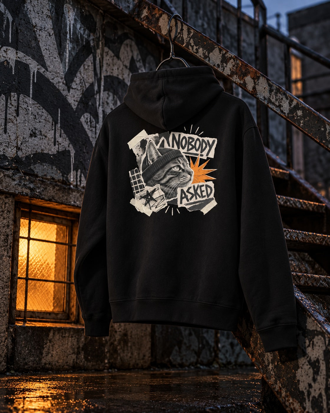 Nobody Asked Hoodie, back print, black, hanging from a rusty fire escape in a back alley at night — AI-generated visual