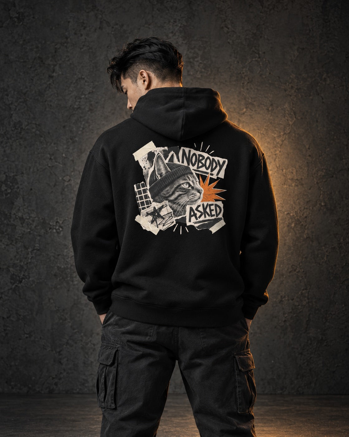 Nobody Asked Hoodie, worn, back print, black — AI-generated visual
