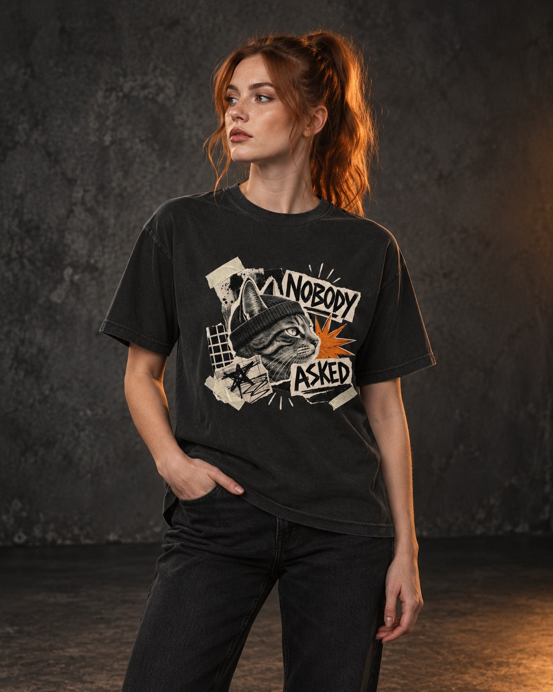 Nobody Asked Tee, worn, front print, black — AI-generated visual
