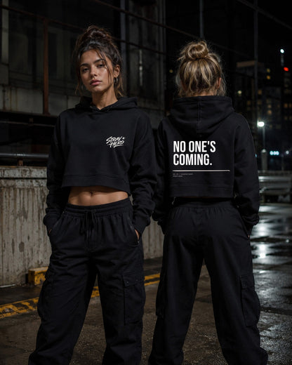 No One's Coming Crop Hoodie — Stray Hero Lifestyle — AI-generated visual