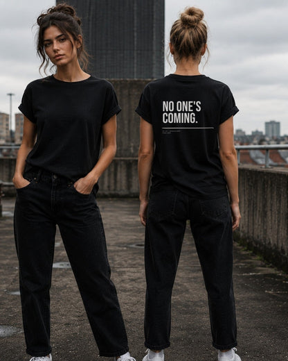 No One's Coming women's tee — rooftop lifestyle — AI-generated visual