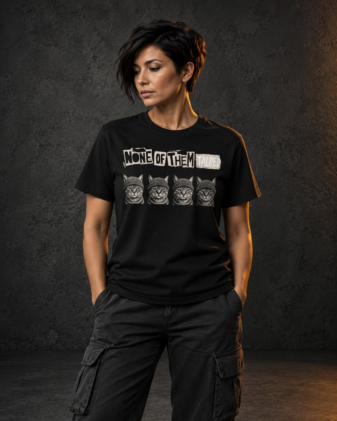 None of Them Talked Tee, worn, front print, black — AI-generated visual