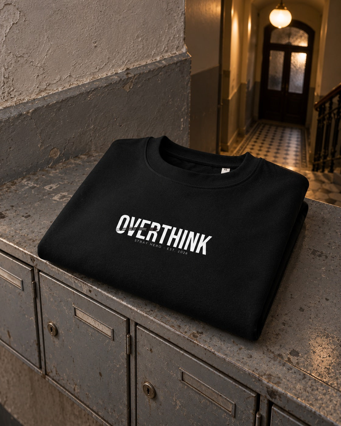 Overthink Sweatshirt, front print, black, folded on old tin mailboxes in a stairwell at night — AI-generated visual