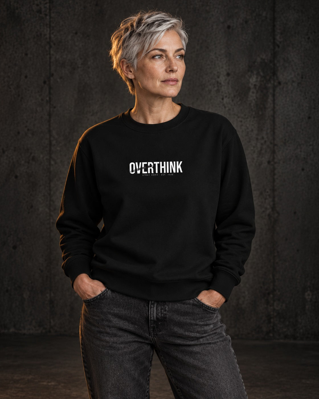 Overthink Sweatshirt, worn, front print, black — AI-generated visual